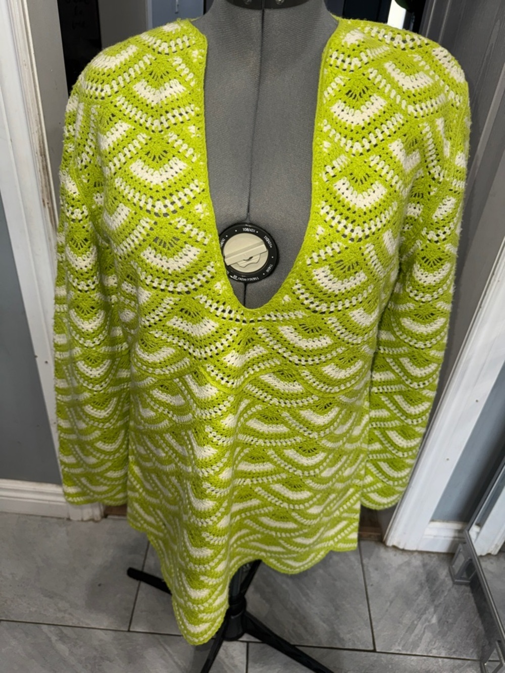 Celandine- Lime Green & Cream Crochet Tunic Sweater - Picture 3 of 4